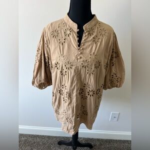 Ann Taylor Cotton Tan Floral Eyelet Blouse Size LT